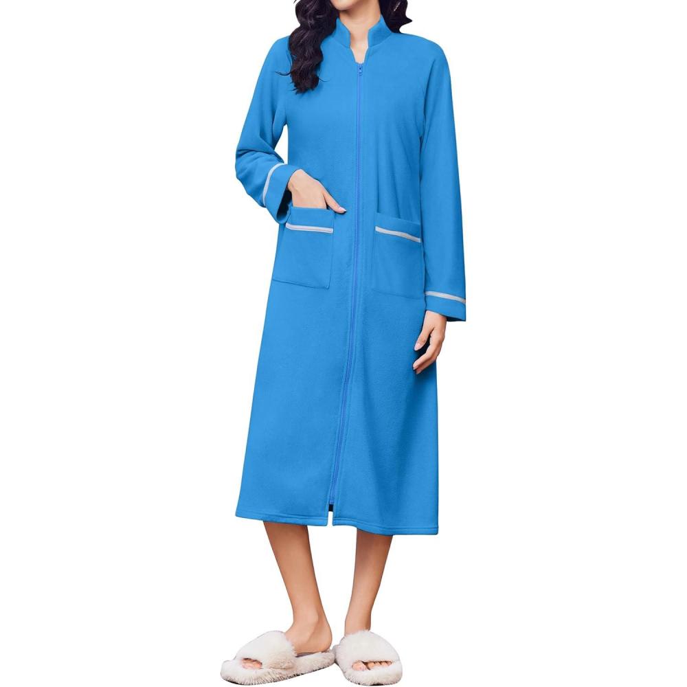 imageEkouaer Womens Zipper Robes Long Sleeve Loungewear Knee Length Housecoat Fleece Bathrobe with Pockets SXXLBlue