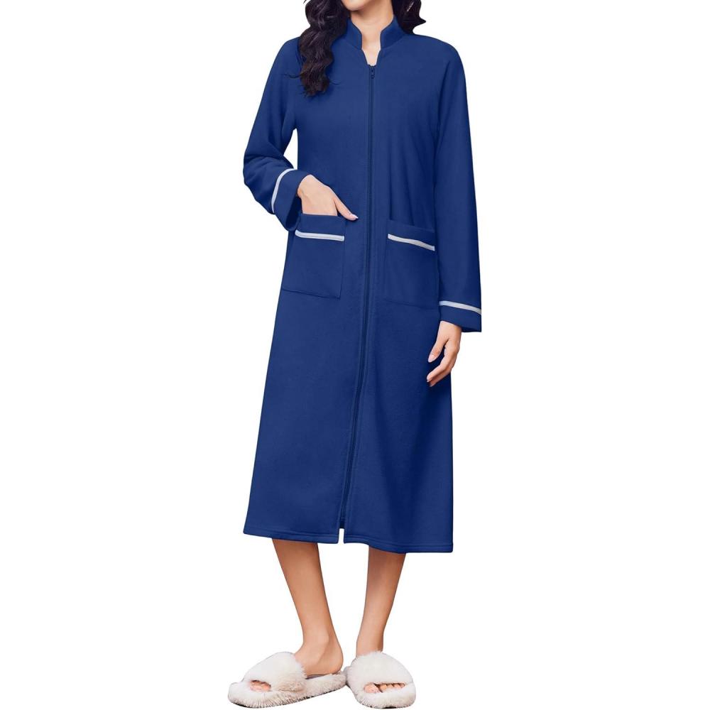 imageEkouaer Womens Zipper Robes Long Sleeve Loungewear Knee Length Housecoat Fleece Bathrobe with Pockets SXXLNavy