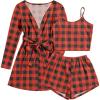 imageEkouaer Womens 3 Piece Waffle Knit Lounge Set Soft Pajama Sets Tank Top and Shorts Cardigan with Pockets SXXLBlack and Red Plaid