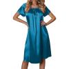 imageEkouaer Womens Satin Silk Pleated Nightgown Loose Sleepwear Printed Nightshirt Short Sleeve Sleep DressDeep Blue
