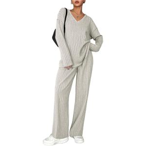 imageEkouaer Lounge Sets for Women Long Sleeve Knit Ribbed Pajama Sets 2 Piece Casual Loungewear with PocketsApricot