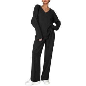 imageEkouaer Lounge Sets for Women Long Sleeve Knit Ribbed Pajama Sets 2 Piece Casual Loungewear with PocketsBlack