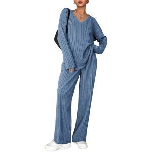imageEkouaer Lounge Sets for Women Long Sleeve Knit Ribbed Pajama Sets 2 Piece Casual Loungewear with PocketsCaptains Blue
