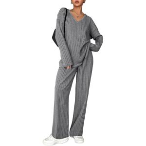 imageEkouaer Lounge Sets for Women Long Sleeve Knit Ribbed Pajama Sets 2 Piece Casual Loungewear with PocketsDark Gray