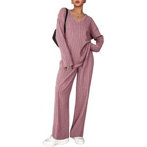 imageEkouaer Lounge Sets for Women Long Sleeve Knit Ribbed Pajama Sets 2 Piece Casual Loungewear with PocketsDusty Rose