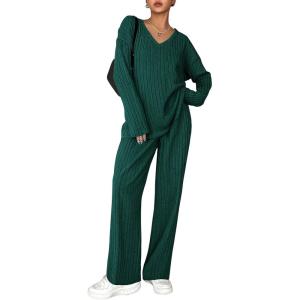 imageEkouaer Lounge Sets for Women Long Sleeve Knit Ribbed Pajama Sets 2 Piece Casual Loungewear with PocketsGreen