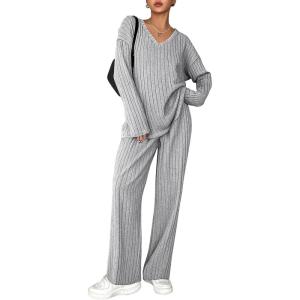 imageEkouaer Lounge Sets for Women Long Sleeve Knit Ribbed Pajama Sets 2 Piece Casual Loungewear with PocketsLight Gray