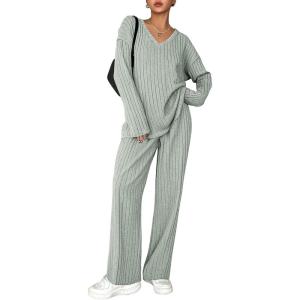 imageEkouaer Lounge Sets for Women Long Sleeve Knit Ribbed Pajama Sets 2 Piece Casual Loungewear with PocketsLight Green