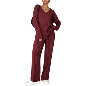 imageEkouaer Lounge Sets for Women Long Sleeve Knit Ribbed Pajama Sets 2 Piece Casual Loungewear with PocketsRed
