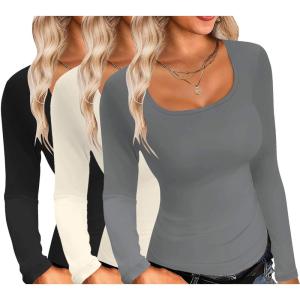 imageEkouaer Womens 3 Pack Long Sleeve Shirts Square Neck Basic Tops Fitted Tee Thermal Undershirts XSXXLBlackDark GrayBeige