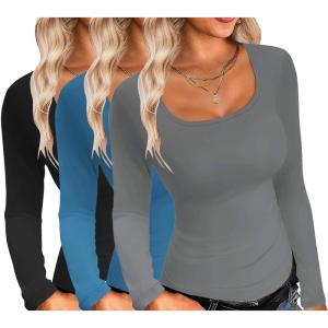 imageEkouaer Womens 3 Pack Long Sleeve Shirts Square Neck Basic Tops Fitted Tee Thermal Undershirts XSXXLBlackGrayLight Blue