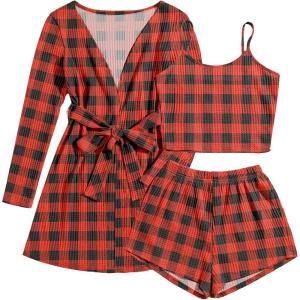 imageEkouaer Womens 3 Piece Waffle Knit Lounge Set Soft Pajama Sets Tank Top and Shorts Cardigan with Pockets SXXLBlack and Red Plaid