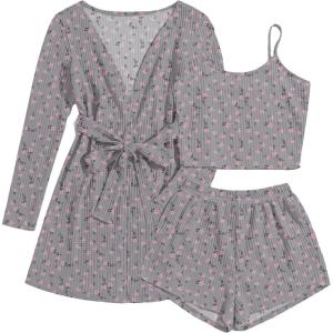 imageEkouaer Womens 3 Piece Waffle Knit Lounge Set Soft Pajama Sets Tank Top and Shorts Cardigan with Pockets SXXLPink Flower