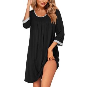 imageEkouaer Womens Pleated Nightgown Soft Sleep Shirt 34 Sleeve Pajama Dress Scoopneck Sleep Tee Nightshirt Sleepwear S3XLBlack
