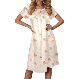 imageEkouaer Womens Satin Silk Pleated Nightgown Loose Sleepwear Printed Nightshirt Short Sleeve Sleep DressChampagne Teddy