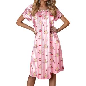 imageEkouaer Womens Satin Silk Pleated Nightgown Loose Sleepwear Printed Nightshirt Short Sleeve Sleep DressPink Teddy