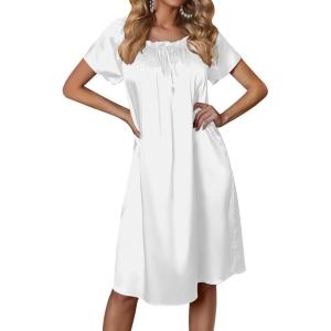 imageEkouaer Womens Satin Silk Pleated Nightgown Loose Sleepwear Printed Nightshirt Short Sleeve Sleep DressWhite