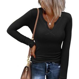 imageEkouaer Womens Thermal Long Sleeve Shirts VNeck Slim Fit Basic Going Out Ribbed Y2K TopsBlack