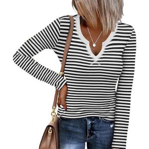 imageEkouaer Womens Thermal Long Sleeve Shirts VNeck Slim Fit Basic Going Out Ribbed Y2K TopsBlack White Stripe
