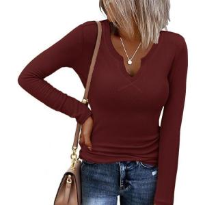 imageEkouaer Womens Thermal Long Sleeve Shirts VNeck Slim Fit Basic Going Out Ribbed Y2K TopsBurgundy