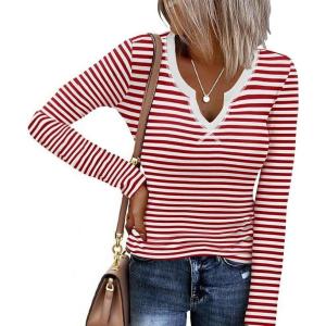 imageEkouaer Womens Thermal Long Sleeve Shirts VNeck Slim Fit Basic Going Out Ribbed Y2K TopsRed White Stripe