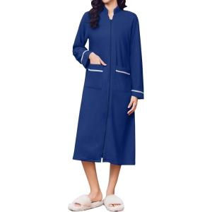 imageEkouaer Womens Zipper Robes Long Sleeve Loungewear Knee Length Housecoat Fleece Bathrobe with Pockets SXXLNavy