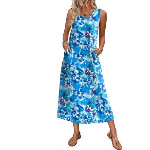 imageEkouaer Nightgowns for Women Sleeveless Sleepshirt Long Print House Dress Tank Nightshirt Maxi Casual Dress with PocketsBlue Multi Flowers