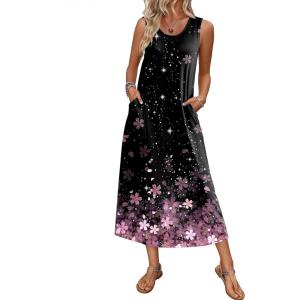 imageEkouaer Nightgowns for Women Sleeveless Sleepshirt Long Print House Dress Tank Nightshirt Maxi Casual Dress with PocketsCherry Blossoms Black