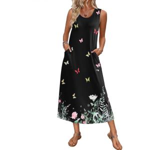 imageEkouaer Nightgowns for Women Sleeveless Sleepshirt Long Print House Dress Tank Nightshirt Maxi Casual Dress with PocketsFloral Butterfly