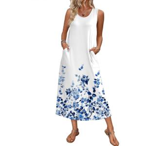 imageEkouaer Nightgowns for Women Sleeveless Sleepshirt Long Print House Dress Tank Nightshirt Maxi Casual Dress with PocketsLeaf