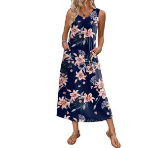 imageEkouaer Nightgowns for Women Sleeveless Sleepshirt Long Print House Dress Tank Nightshirt Maxi Casual Dress with PocketsNavy Blue Orange Flower