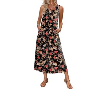 imageEkouaer Nightgowns for Women Sleeveless Sleepshirt Long Print House Dress Tank Nightshirt Maxi Casual Dress with PocketsRed Black Flower