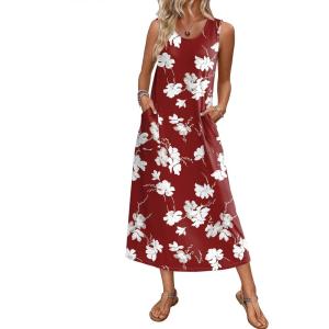imageEkouaer Nightgowns for Women Sleeveless Sleepshirt Long Print House Dress Tank Nightshirt Maxi Casual Dress with PocketsRed Flower