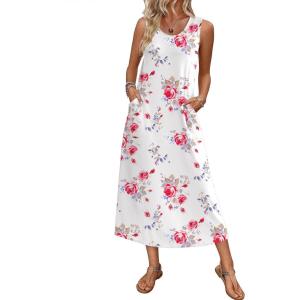 imageEkouaer Nightgowns for Women Sleeveless Sleepshirt Long Print House Dress Tank Nightshirt Maxi Casual Dress with PocketsRose Red Flower