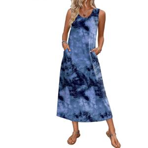 imageEkouaer Nightgowns for Women Sleeveless Sleepshirt Long Print House Dress Tank Nightshirt Maxi Casual Dress with PocketsTie Dye Blue
