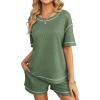 imageEkouaer Womens Waffle Knit Two Piece Lounge Set Soft Matching Outfits for Daily Wear Casual Shorts Set with PocketDark Green