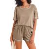 imageEkouaer Womens Waffle Knit Two Piece Lounge Set Soft Matching Outfits for Daily Wear Casual Shorts Set with PocketKhaki