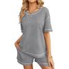 imageEkouaer Womens Waffle Knit Two Piece Lounge Set Soft Matching Outfits for Daily Wear Casual Shorts Set with PocketLight Gray