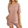 imageEkouaer Womens Waffle Knit Two Piece Lounge Set Soft Matching Outfits for Daily Wear Casual Shorts Set with PocketLotus Root Starch