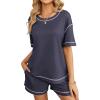 imageEkouaer Womens Waffle Knit Two Piece Lounge Set Soft Matching Outfits for Daily Wear Casual Shorts Set with PocketNavy Blue