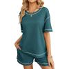 imageEkouaer Womens Waffle Knit Two Piece Lounge Set Soft Matching Outfits for Daily Wear Casual Shorts Set with PocketPeacock Blue