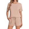 imageEkouaer Pajama Set for Women Viscose from Bamboo Short Sleeve Tops and Shorts Set 2 Piece Lounge SetKhaki