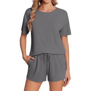 imageEkouaer Pajama Set for Women Viscose from Bamboo Short Sleeve Tops and Shorts Set 2 Piece Lounge SetGrey
