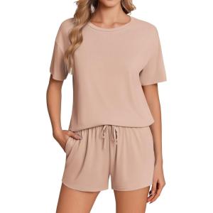 imageEkouaer Pajama Set for Women Viscose from Bamboo Short Sleeve Tops and Shorts Set 2 Piece Lounge SetKhaki