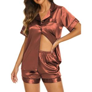 imageEkouaer Silk Pajamas for Women Short Sleeve Sleepwear Soft Button Down Loungewear 2 Piece Satin Pjs Shorts Set SXXLBrown