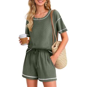 imageEkouaer Womens Waffle Knit Two Piece Lounge Set Soft Matching Outfits for Daily Wear Casual Shorts Set with PocketArmy Green