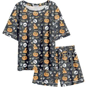 imageEkouaer Womens Waffle Knit Two Piece Lounge Set Soft Matching Outfits for Daily Wear Casual Shorts Set with PocketBlack Pumpkin Print