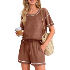 imageEkouaer Womens Waffle Knit Two Piece Lounge Set Soft Matching Outfits for Daily Wear Casual Shorts Set with PocketCaramel Colour