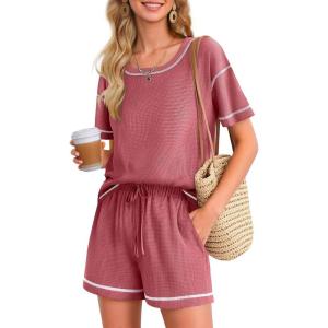 imageEkouaer Womens Waffle Knit Two Piece Lounge Set Soft Matching Outfits for Daily Wear Casual Shorts Set with PocketGray Purple Red