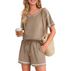 imageEkouaer Womens Waffle Knit Two Piece Lounge Set Soft Matching Outfits for Daily Wear Casual Shorts Set with PocketKhaki
